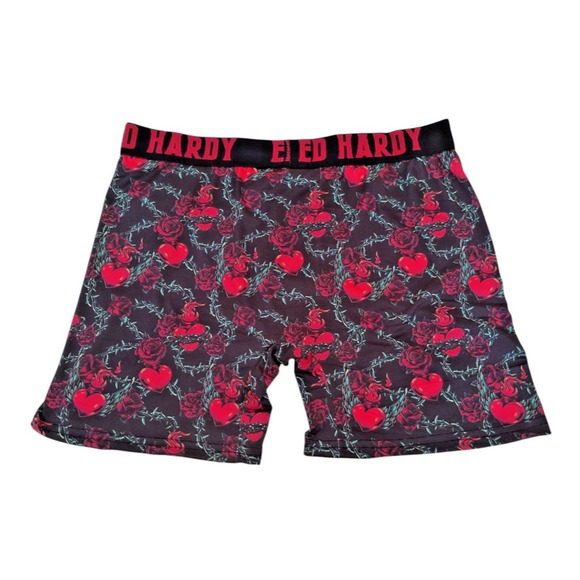 Ed Hardy Logo‎ Red Roses Heart Thorn Cotton Blend Front Pouch Boxers NWOT - Picture 2 of 5